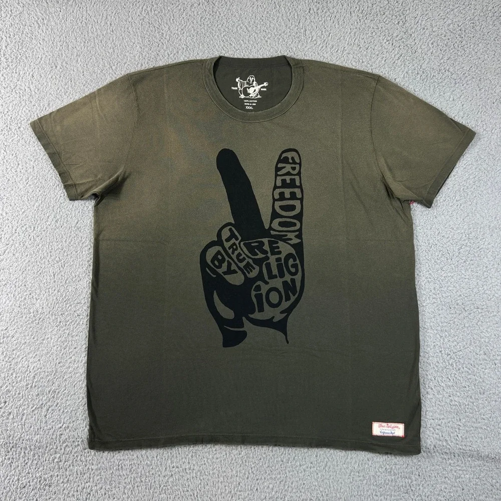 True Religion Graphic T-Shirt Men's 3XL Peace Sign FREEDOM Olive Green VTG NWT